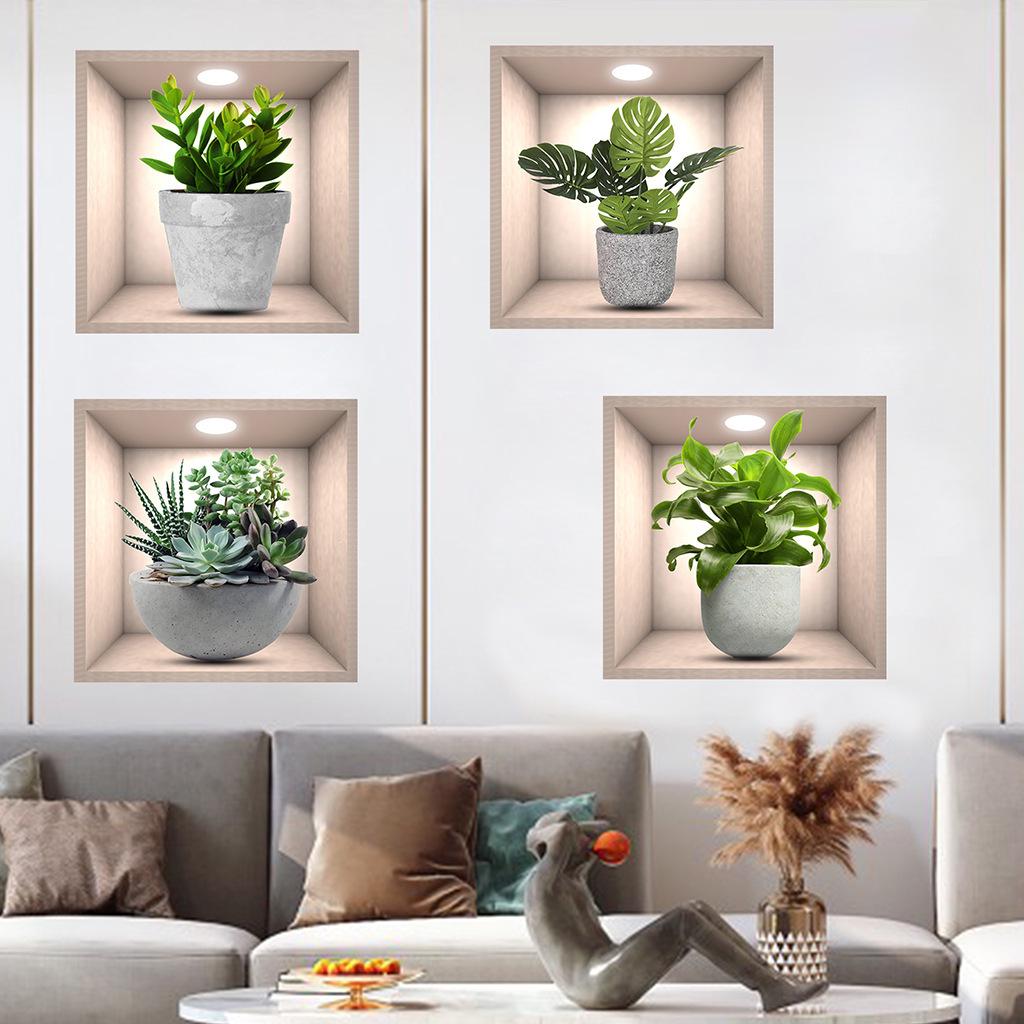 3D Plant Potted Wall Sticker - Living Room Sofa Background, Self-Adhesive PVC Wallpaper