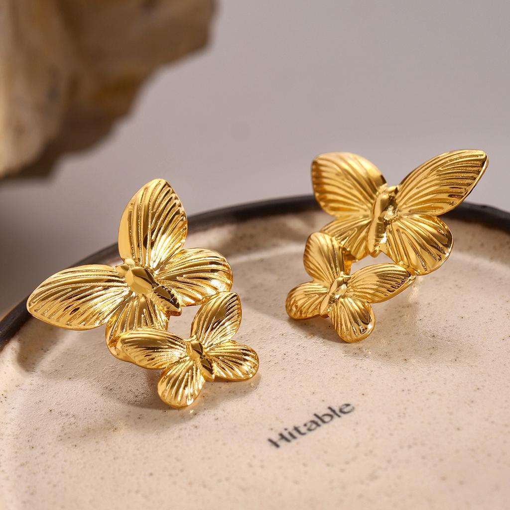 Jiedin European and American Stainless Steel Exaggerated Earrings Butterfly Stud Earrings 18k Gold Titanium Steel Jewelry