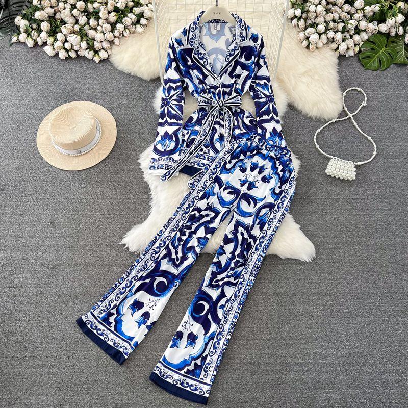 

Spring & Fall Waist-Controlled Lace-up Celadon Print Fashion Suit Blue M