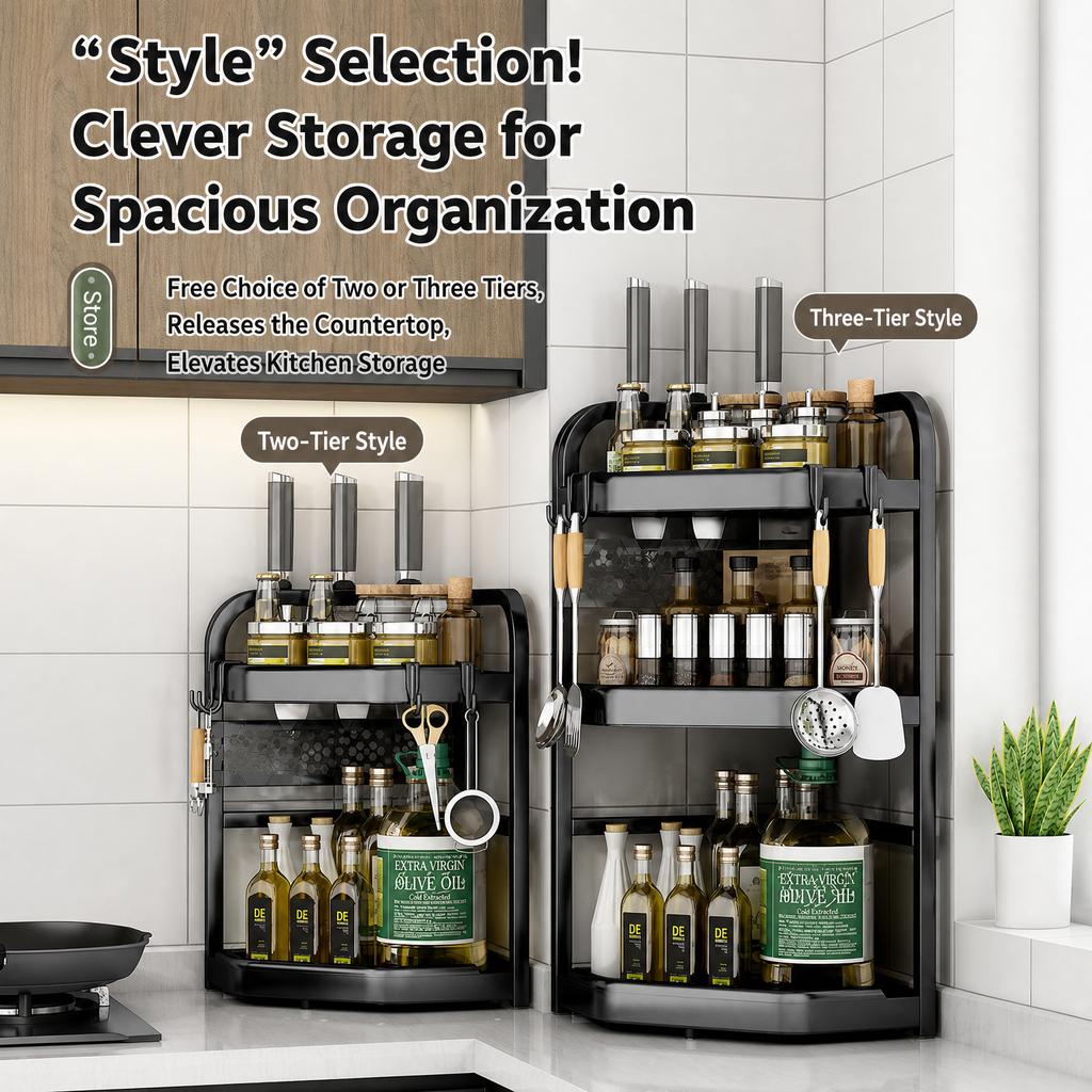 Kitchen Corner Storage Rack No-Drill Countertop Organizer Modern Minimalist Carbon Steel