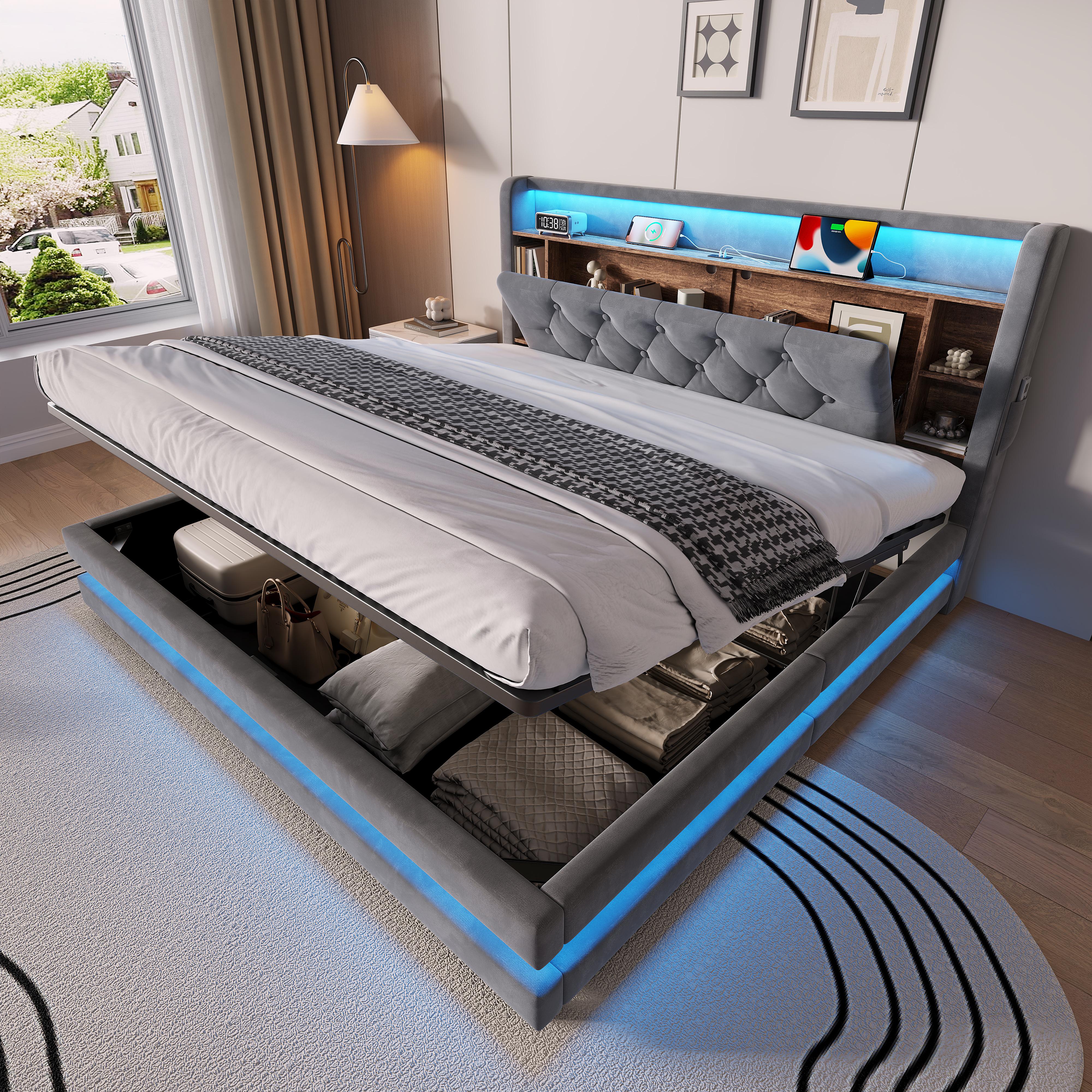 160 × 200 cm Kárpitozott ágy tárolóval, Bársony ágy többfunkciós fejtámlával, LED világítás, 2 USB és Type-C porttal, Hidraulikus, Sötétszürke sötétszürke színű