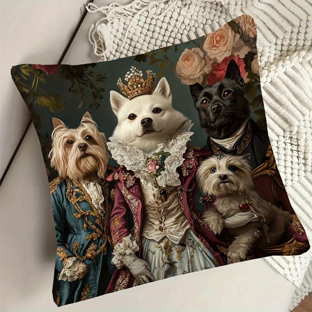 2D Flat- Victorian Royal Dogs Family Throw Pillow Cover Vintage Aristocratic Pet Portrait Cushion Cover for Home Sofa Decor