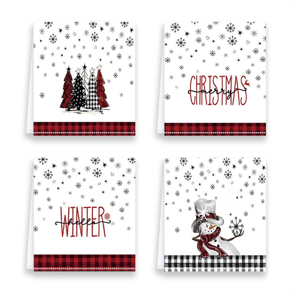 Czerwono-czarna kratka Bałwan Choinka Świąteczne Ręczniki Kuchenne Ręczniki do Naczyń Codzienne Sezonowe Zimowe Dekoracyjne Ręczniki do Rąk Zestaw 4 sztuk