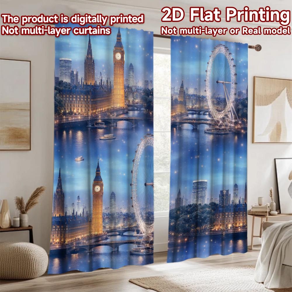 2D Flat Printing 2pcs Curtain Curtain London Night Skyline Digital Printed Polyester Drapes Family Party Decoration for Holiday