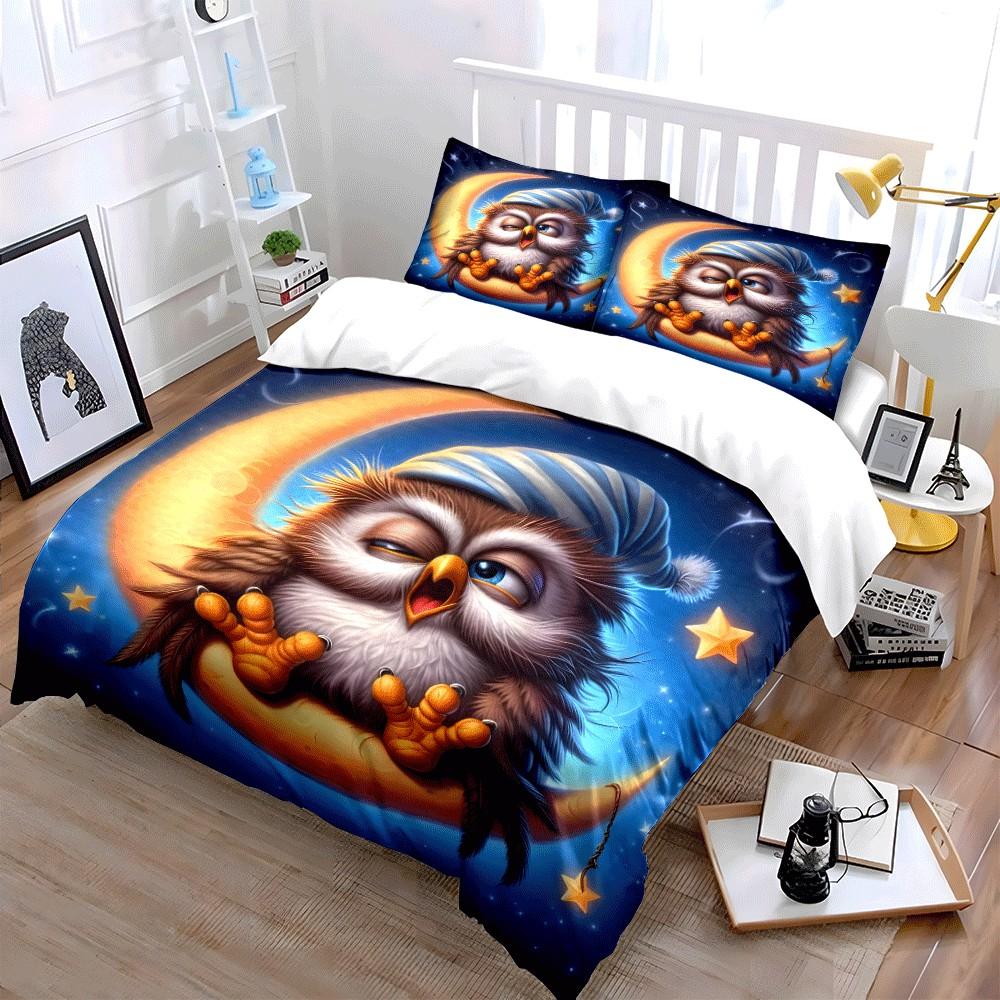 Sleepy Owl Moonlight Night Set Exquisite Three-Piece Bedding Set Gift For Kids And Adults