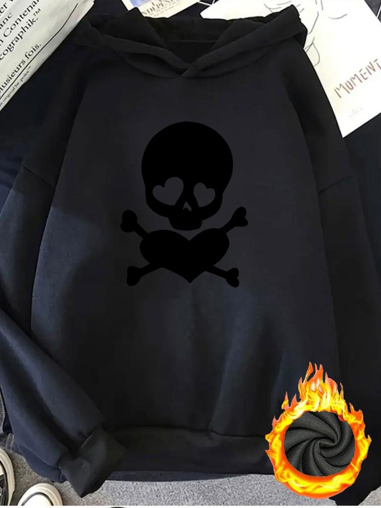 1pc Fashion Women'S Autumn Winter Warm Hooded Sweatshirt Elegant Beautiful Y2K Style Skull Heart Pattern Unique Design Pattern Pri