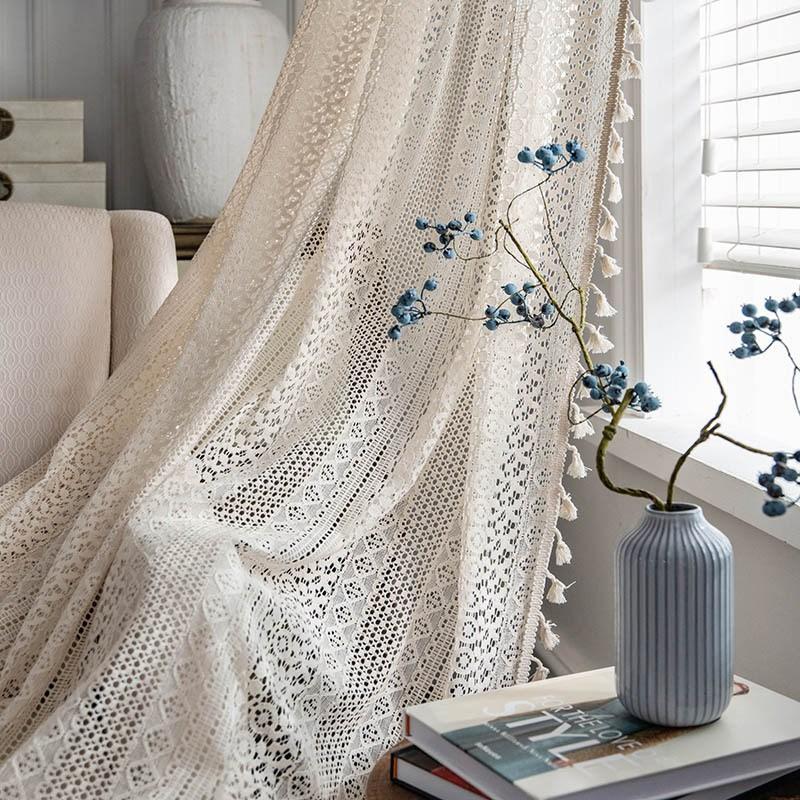 

Beige Crochet Translucent American Style Rural Hollowed Out Living Room Balcony Bedroom Window Art Home Decoration Curtain W150 x H60cm&Threading Rod