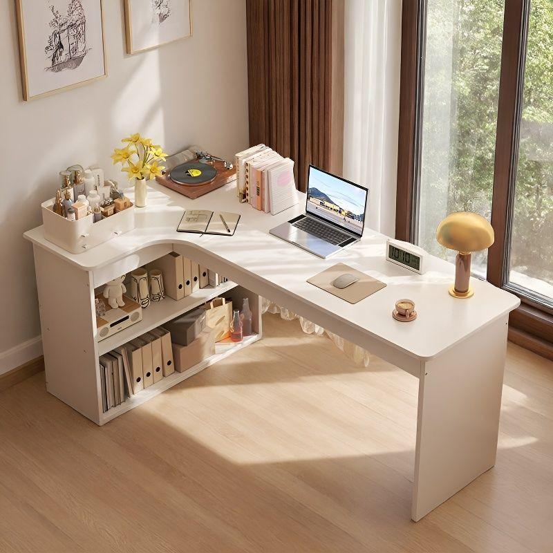 Adjustable Corner Computer Desk with Integrated Bookcase for Home Office or Bedroom Vanity