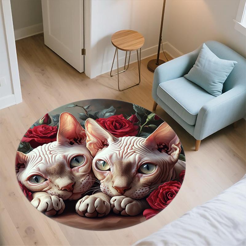 Sphynx Cat and Roses Pattern Round rug,Carpet Rug for Living Room Bedroom Sofa Playroom Decor,Non-slip Floor Mat,Holiday Gifts and Birthday Gifts