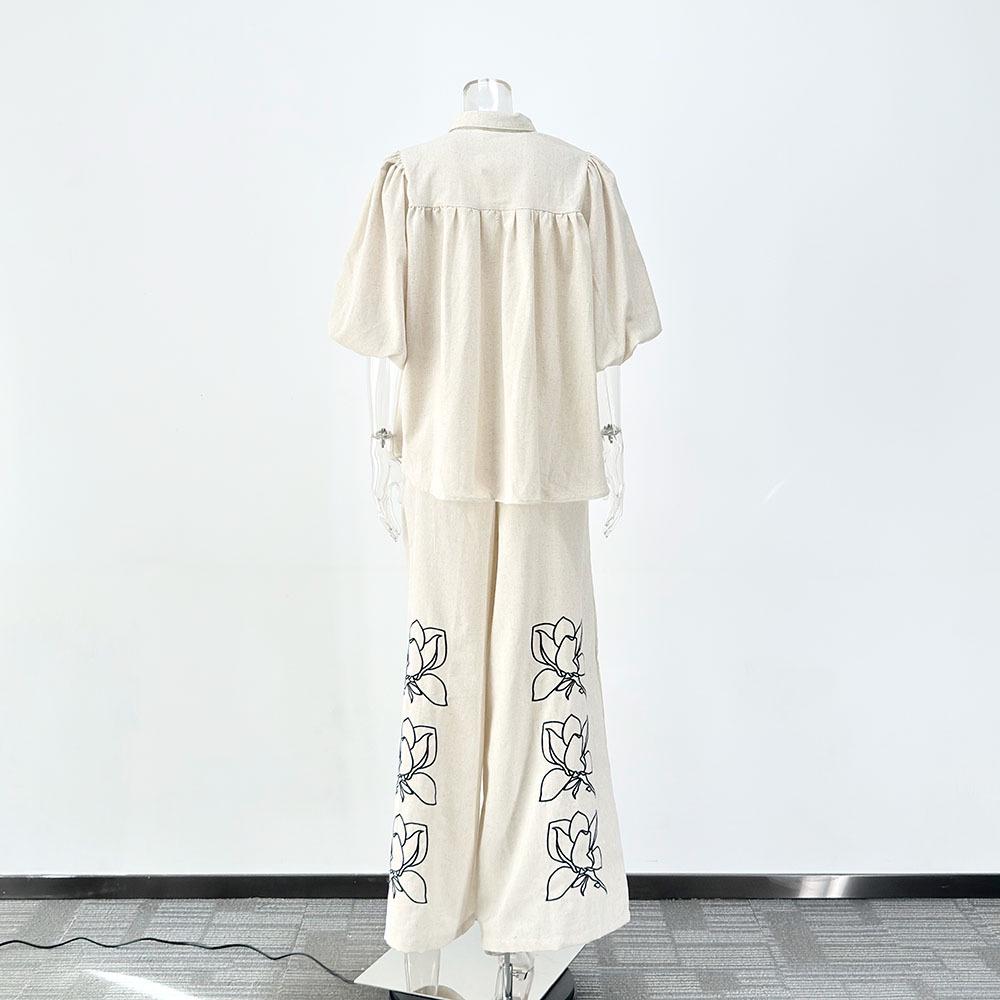 High-End Fashionable Cotton Linen Embroidery Wide-Leg Pants Suit for Women
