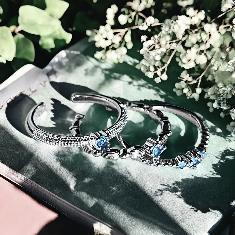 Single Diamond Sea Blue Zir*****Pen Ring Color Treasure Light Luxury Simple With Diamond Niche Design Fashion Ring Woman