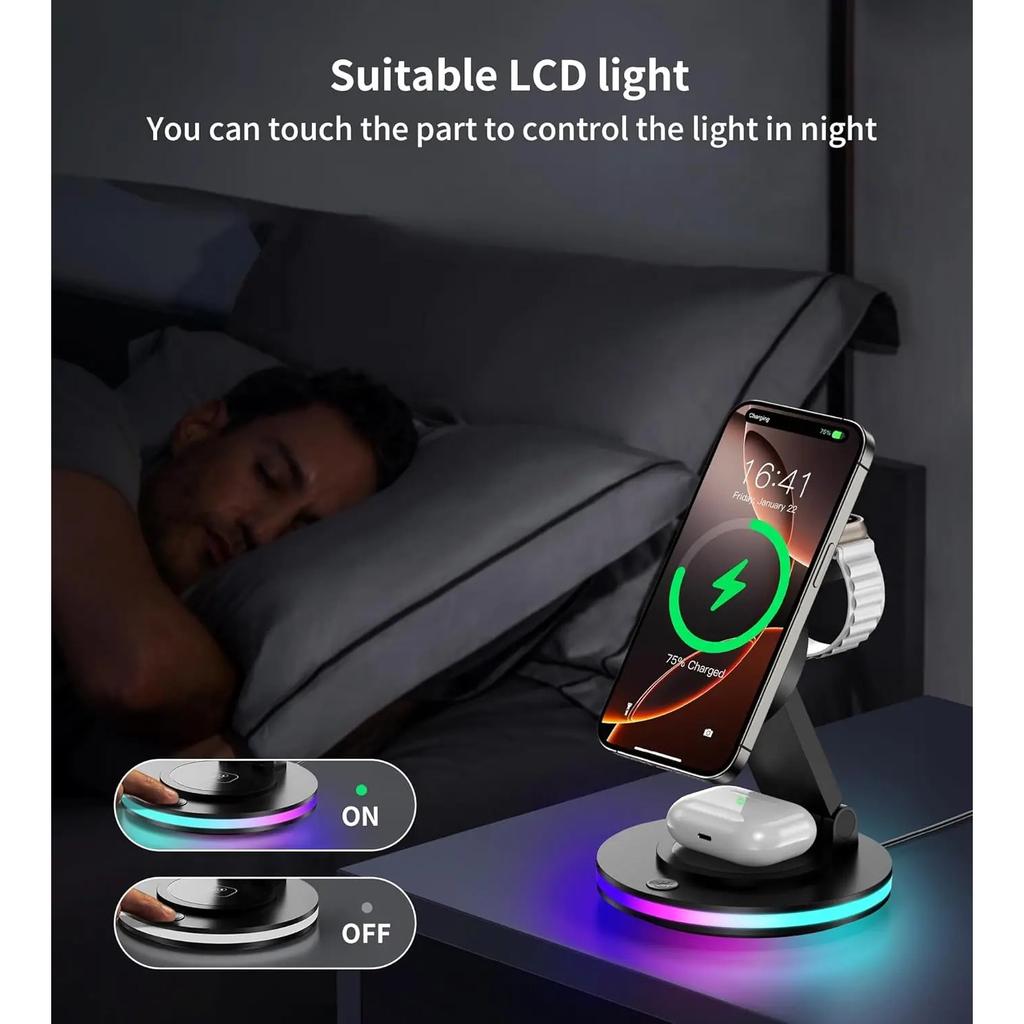Magnetic Wireless Charging Station for iPhone 16 15 14 Foldable Rotating Light Adjustment 3-in-1 15W Fast Mag-Safe Charger Stand