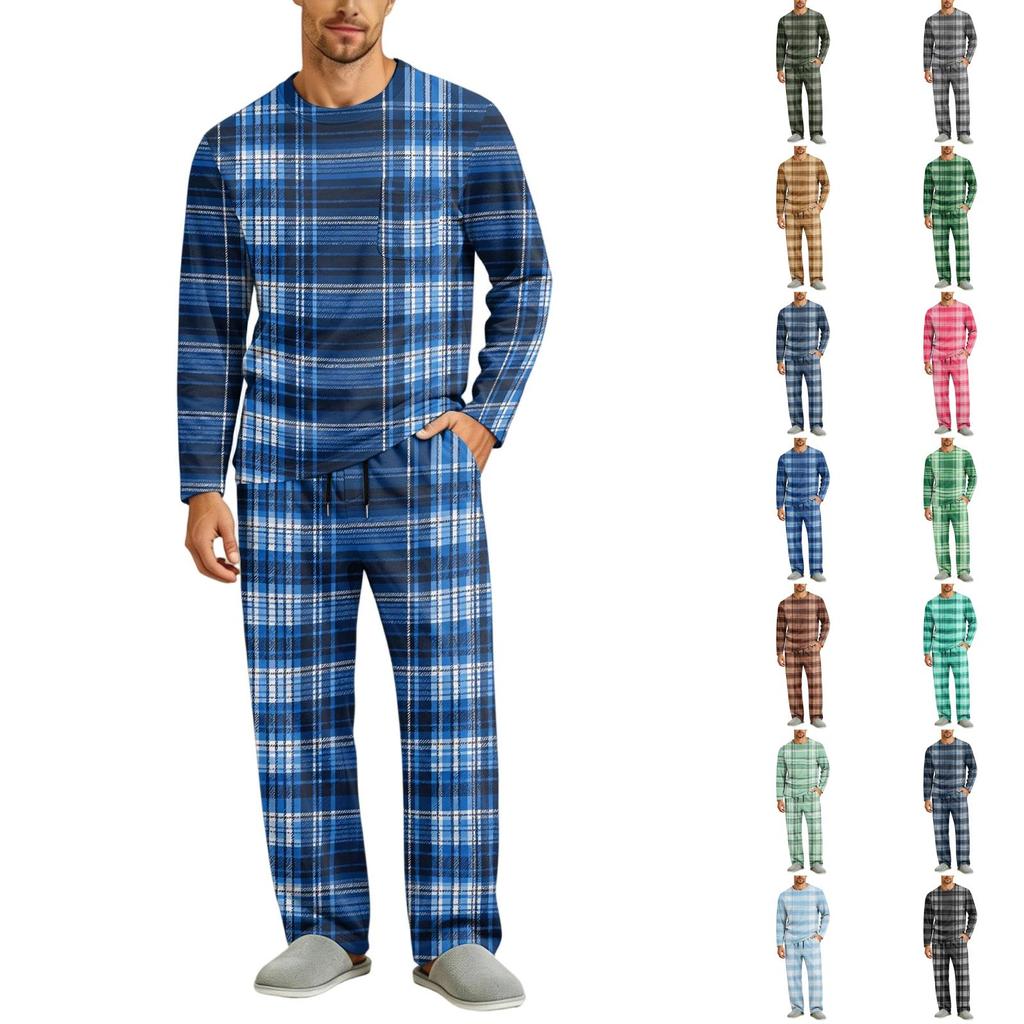 Men's Long Sleeve Pajama Set with Button Crotch and Elastic Drawstring Waist for Home Comfort
