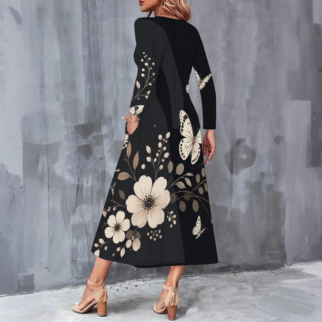 Women Plus Size V Neck Long Sleeve Purple Butterfly Print A Line Midi Dress With Pockets
