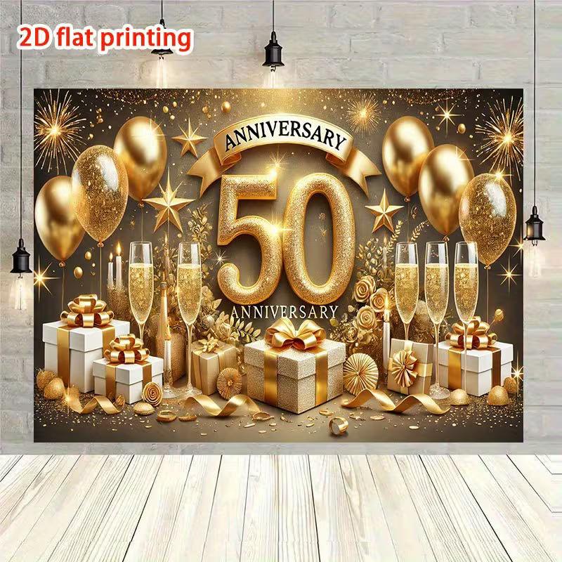 2D Golden Wedding Backdrop "Anniversary" Banner with Gift Boxes & Confetti Photo Booth Background