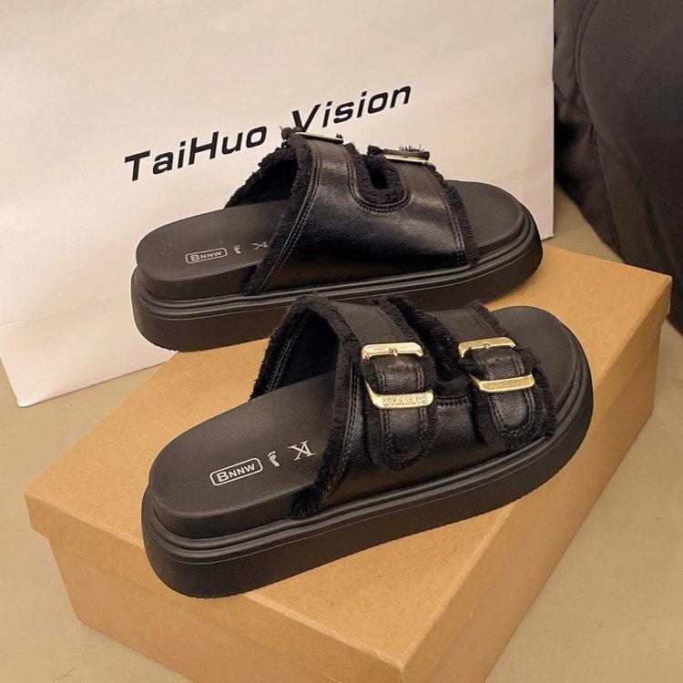 

Тапочки Birken с толстой подошвой для женщин, летняя одежда 2025 года, ретро, сказочный ветер, бахрома, уродливые и милые, женские сандалии Birken с плоской подошвой, прилив 40 чёрный