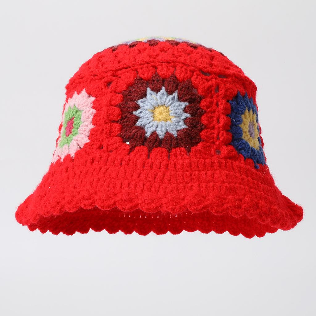 Chapéu de Tricô Feito à Mão Huejado com Flores Coloridas Misturadas Estilo Mori Nicho Versátil Retro para Viagem de Primavera e Outono para Mulheres