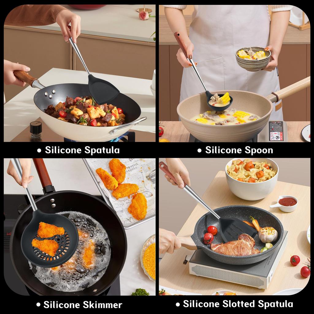 FJNATINH Ladle 304 Stainless Steel Wok Spatula Wok Utensils Set of Walnut Silica Gel Head 4,