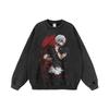 Unisex Oversized Hoodie With Japanese Anime Cartoon Print Washed Vintage Style Loose Fit Long Sleeve Cotton Sweatshirt