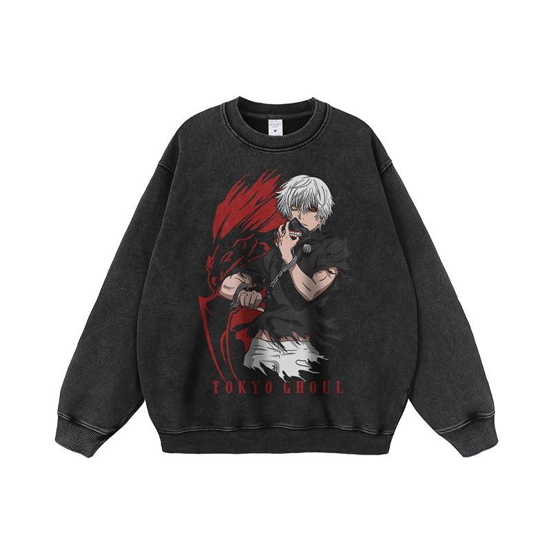 Unisex Oversized Hoodie With Japanese Anime Cartoon Print Washed Vintage Style Loose Fit Long Sleeve Cotton Sweatshirt