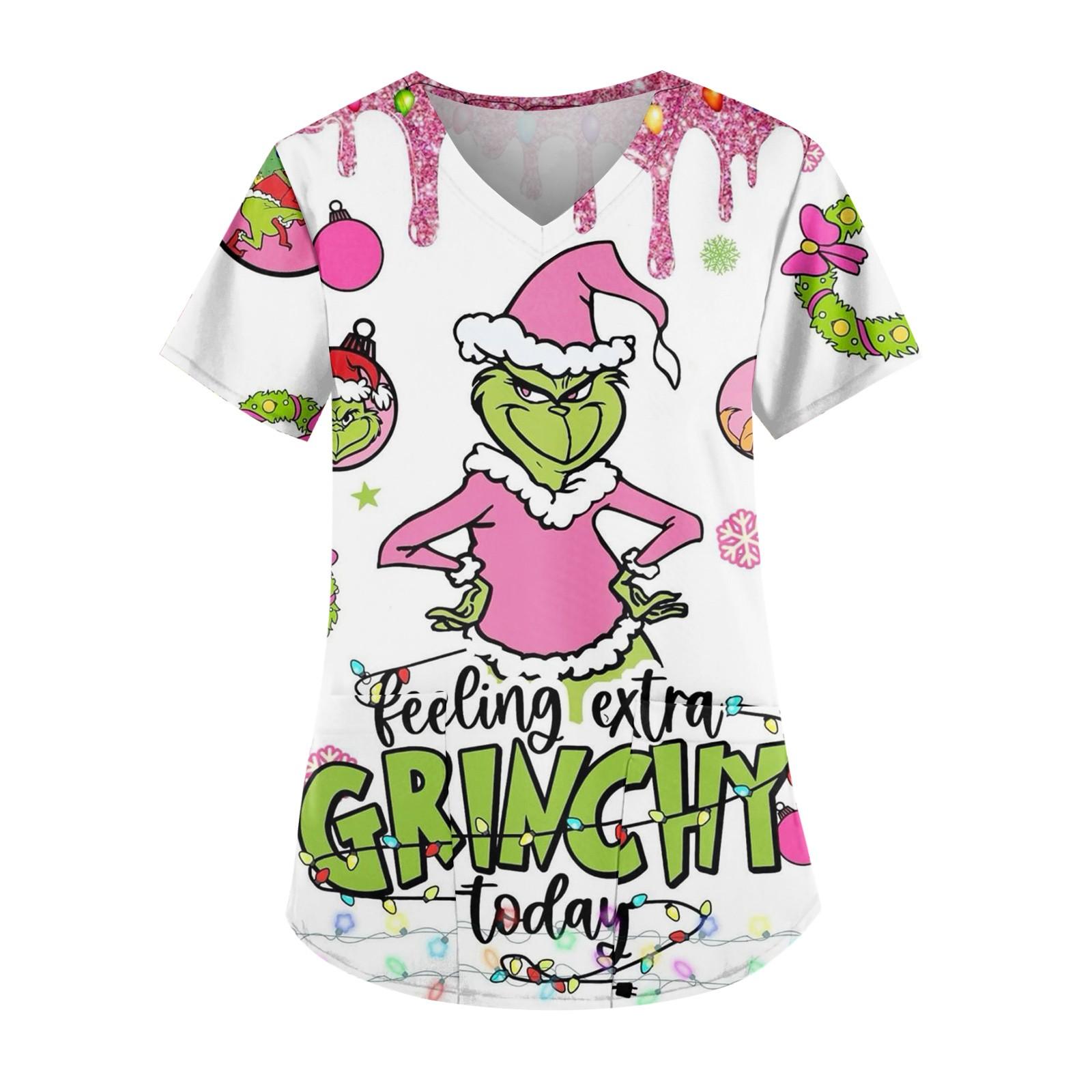 

Женская мода V-образный вырез короткий рукав рабочая одежда с карманом рождественский принт топ M зелёный