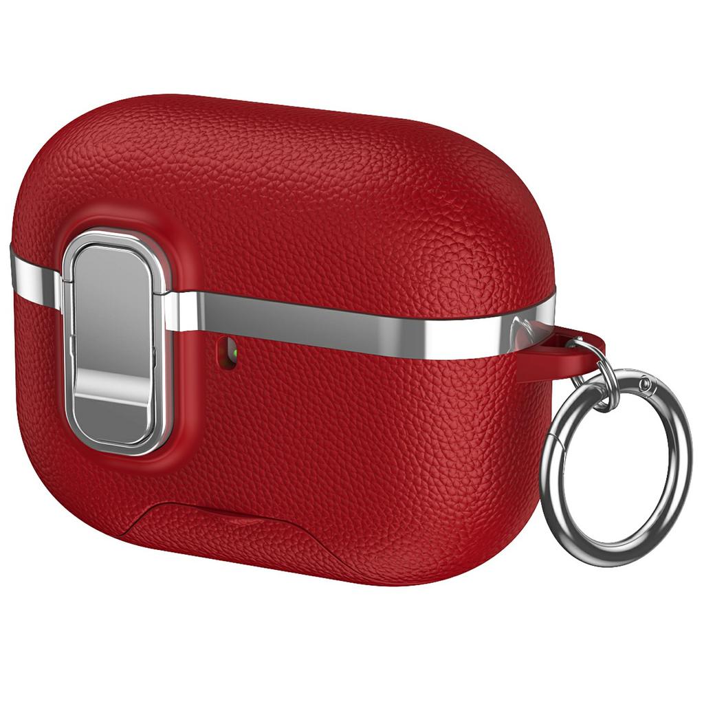 For AirPods Pro Case Foldable Stand Electroplated Litchi Texture TPU PC Earbuds Cover with Switch / Carabiner