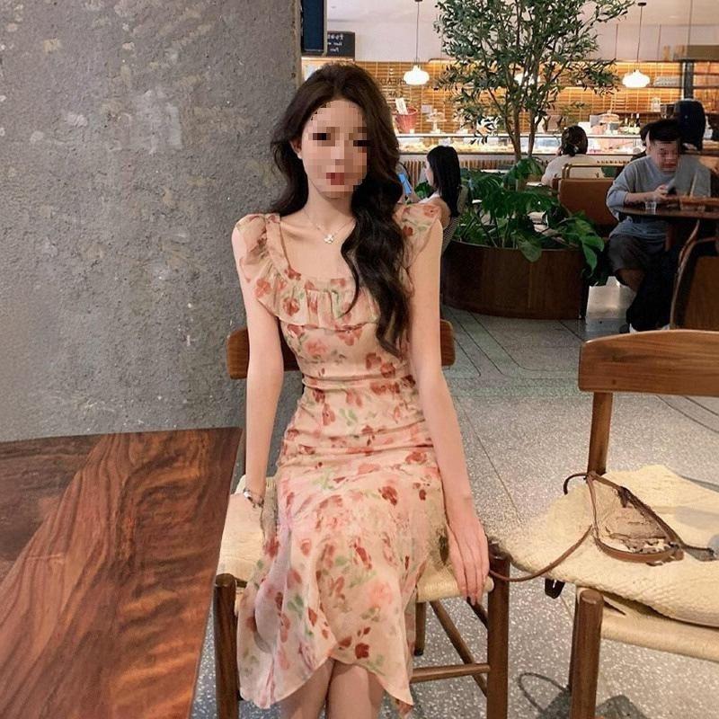 Holiday Style Summer New French Sweet Sleeveless Floral Temperament Waist and Thin Print Dress
