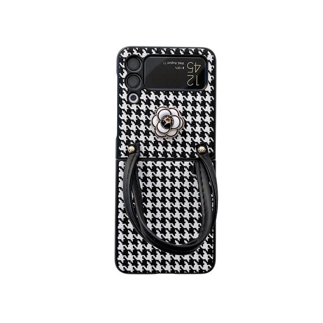 Braccialetto Nodo Carino Cavo Custodia Telefono Per Samsung Galaxy Z Flip 4 Flip4 Braccialetto Pied-de-poule Copertura Fiore di Camelia Per Zflip4