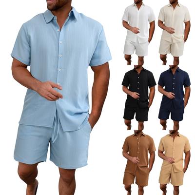 Men's Summer 2-Piece Set Short Sleeve Button-Up Shirt and Elastic Waist Shorts, Lightweight and Breathable Fabric