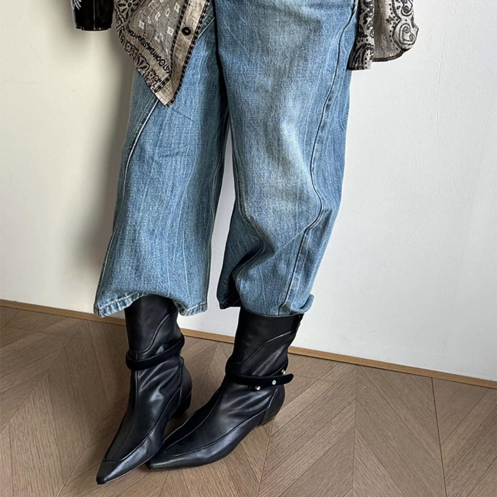 Sheepskin Version~ Retro Niche Pointed Toe Wedge Heel Western Cowboy Boots Medium Boots Women's 2025 New Thin Boots Short Boots