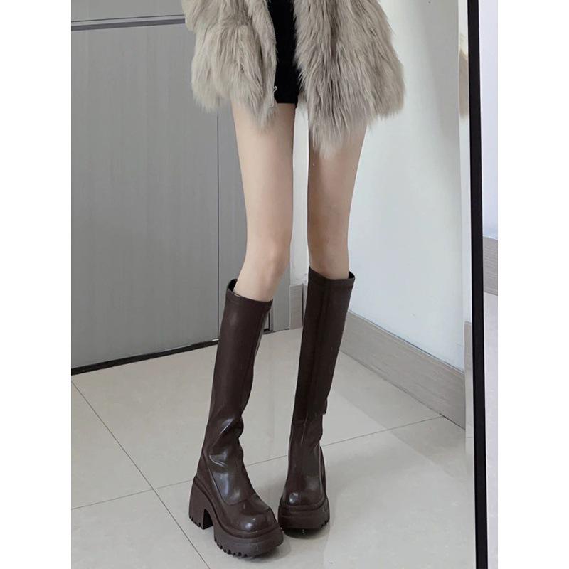 Elastic Skinny Boots Knee Long Boots Women's Autumn and Winter Small Straight Tall Knight Boots Children's Thick Heels