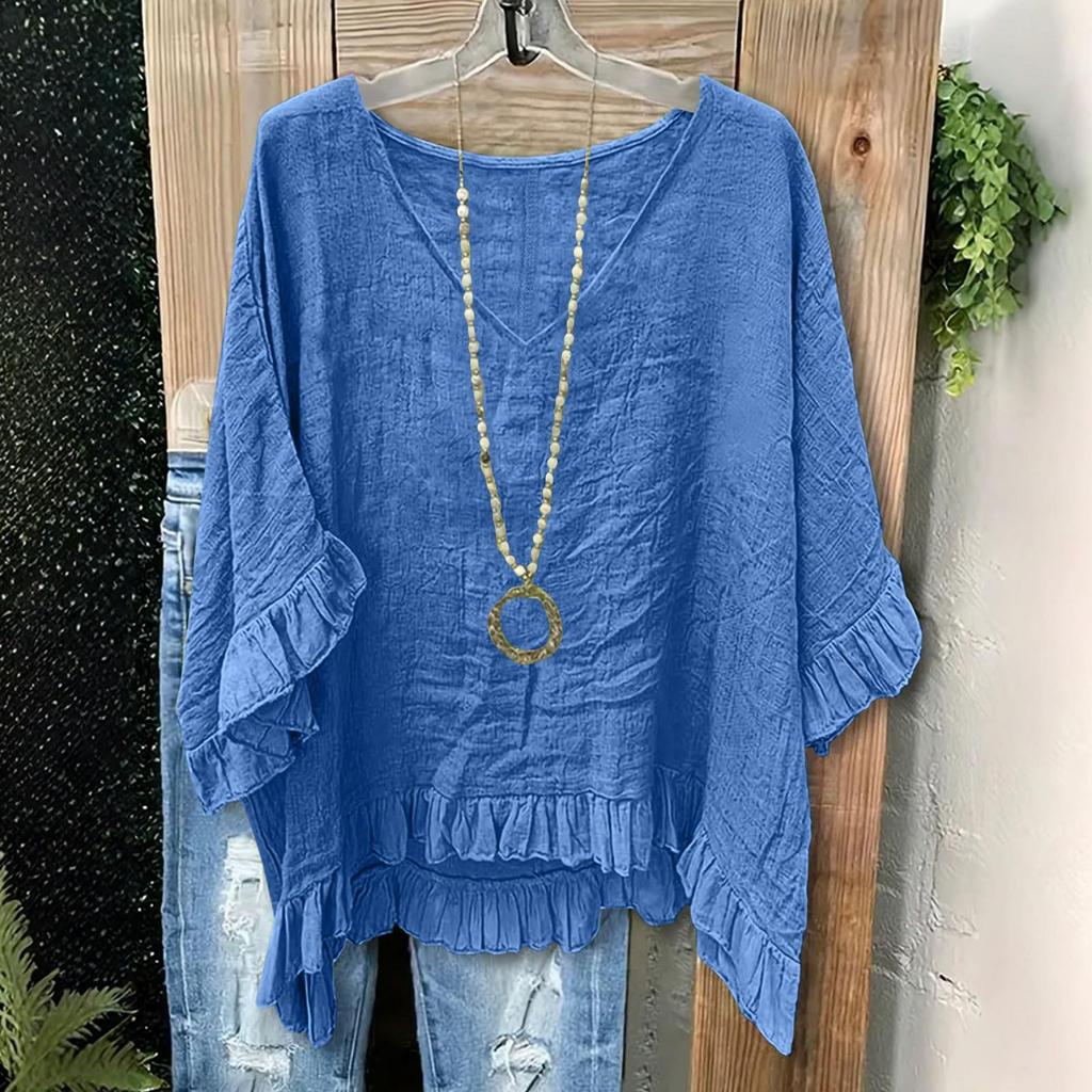 Blouse Casual pour Femme Coupe Ample à Volants, Col en V, Manches Courtes, Haut Léger au Style Détendu pour un Usage Quotidien