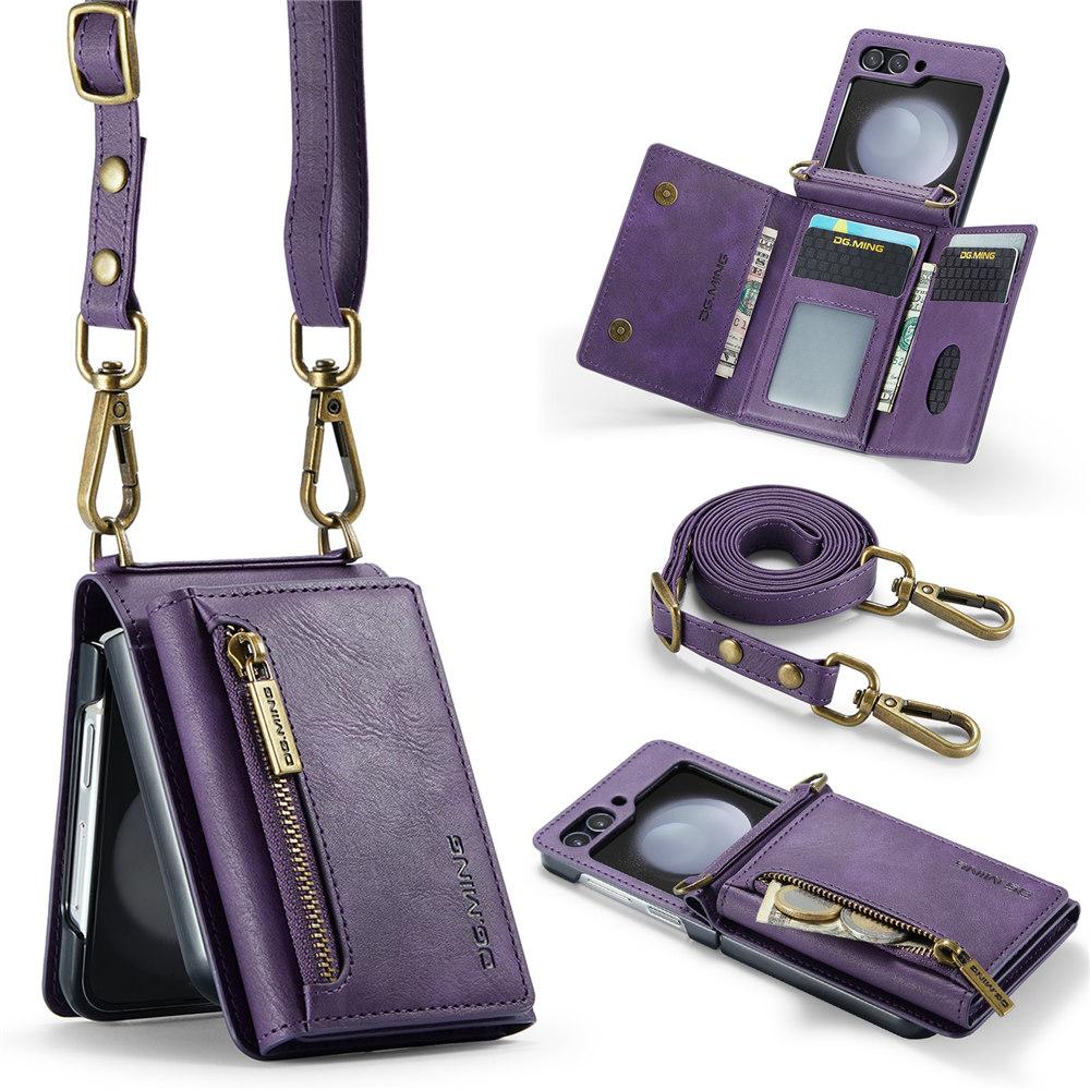 Vintage Lanyard Leather Wallet Case For Samsung Galaxy Z Flip 6 Flip 5 Flip 4 3 Credit Cards Slot Phone Cover