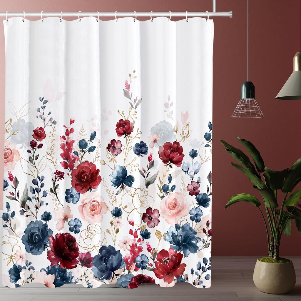 Red Rose Shower Curtain Botanical Floral Romantic Flower Valentine Girls Bathroom Curtain Decor Waterproof Fabric Include Hooks
