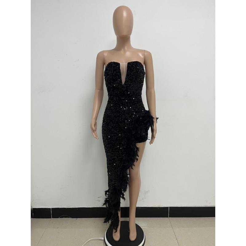 Women's Dress Long Haute Couture Strapless Backless Sequin Dress Feather Patchwork Gown