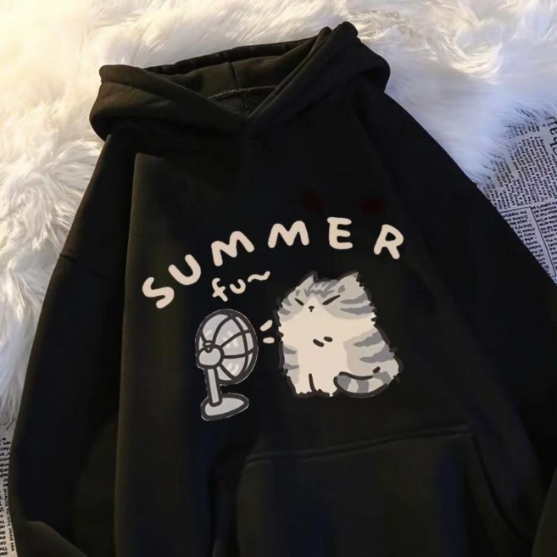 

Лето Маленький кот дует на вентилятор Принт Женское худи M-3XL Корейский свободный стиль Сестры Стиль Мода Соленый Милый Одинаковый дизайн для пола S