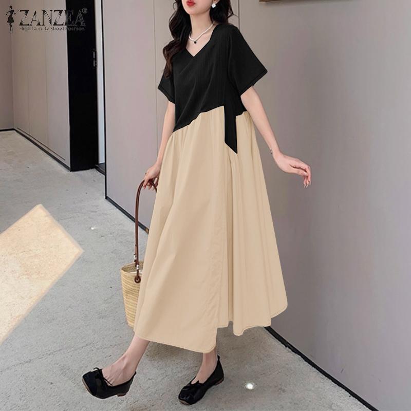 ZANZEA Women Casual Round Neck Loose Short Sleeve Summer Dress