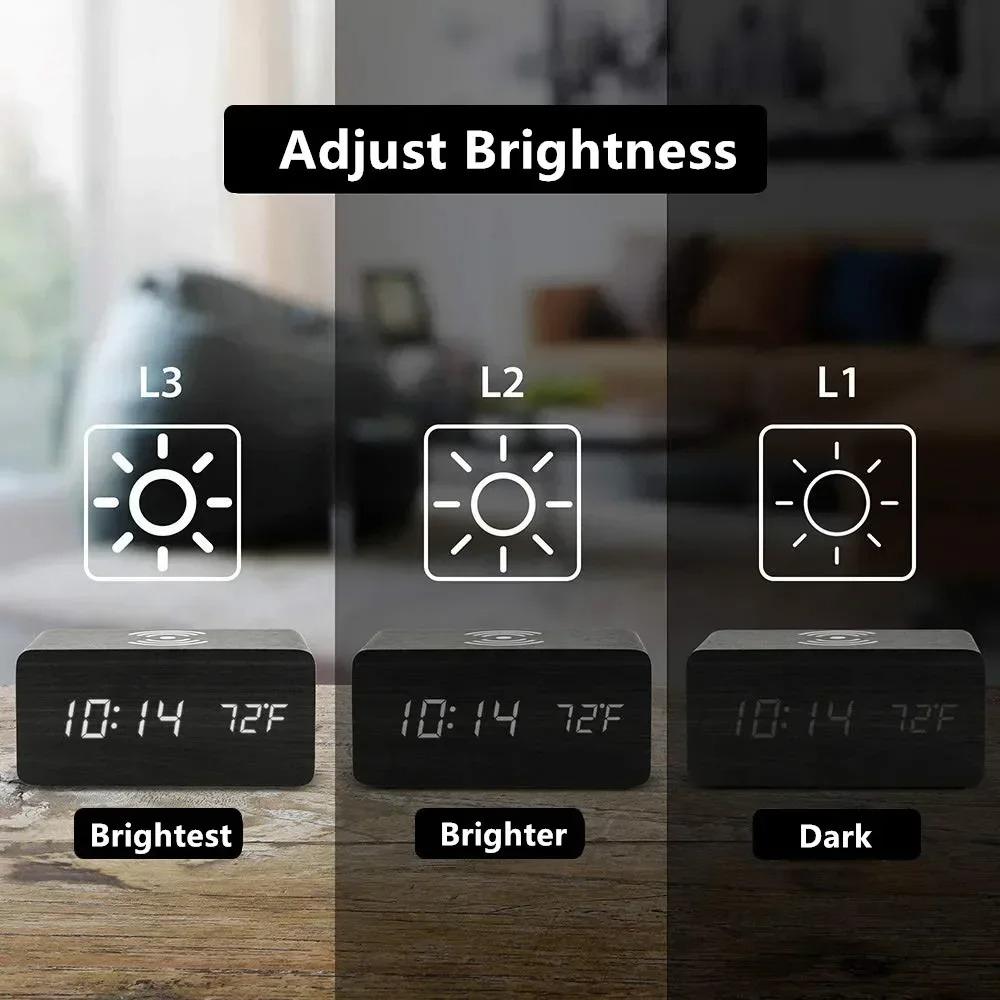 Wooden Digital Alarm Clock with Wireless Charging and LED Display, Time Date Temperature Desk Clock for Office and Bedside