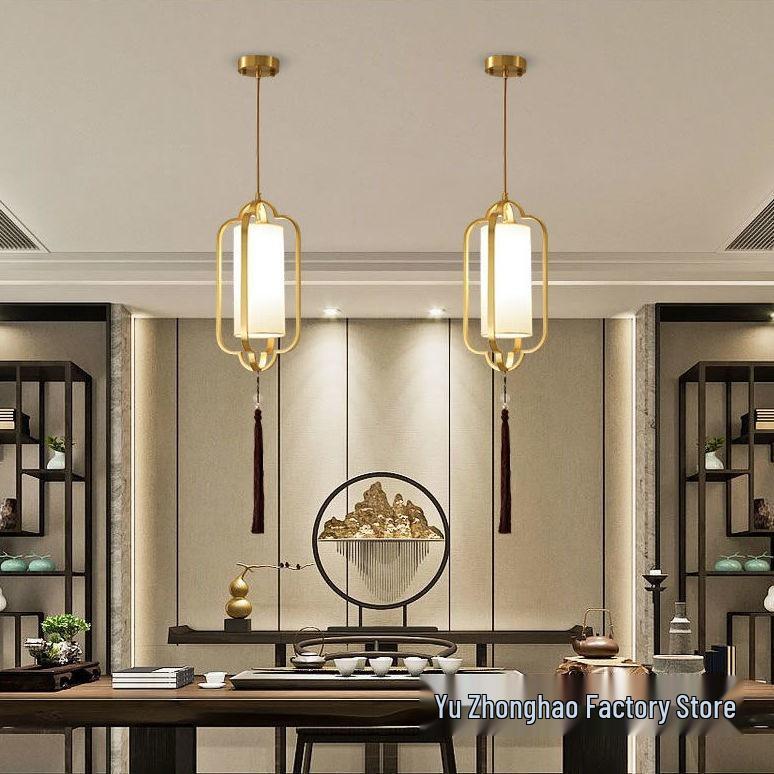 All-Copper Enamel Pendant Light - New Chinese Luxury for Dining, Bar, Aisle, Bedroom, or Tea Room.