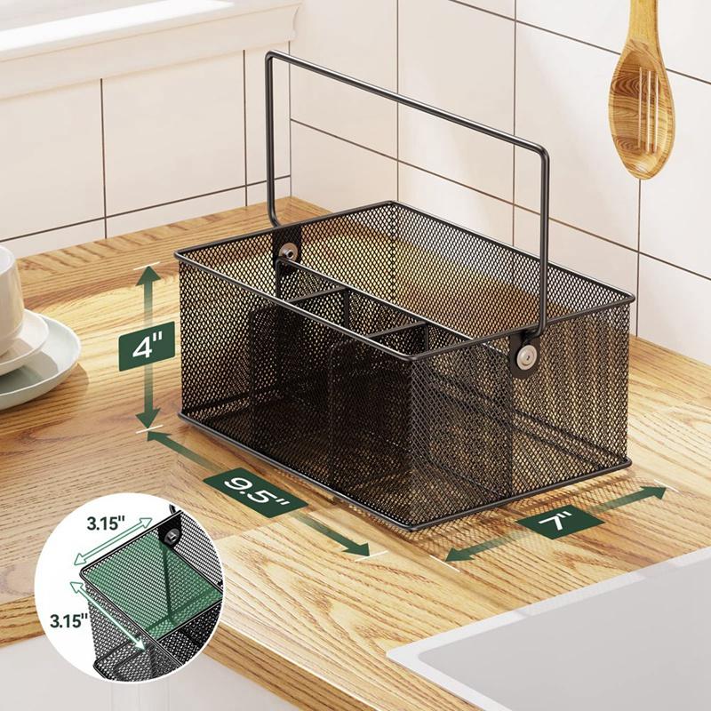 Black Basket Metal Basket With 4 Compartments, Mesh Flatware Holder Organizer Perfect For Home, Kitchen, Party, Camping