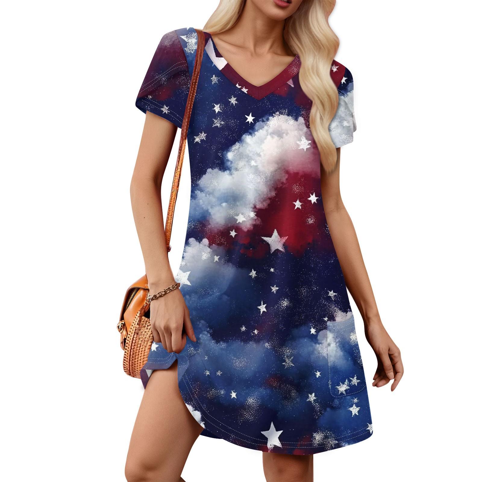 

Women s Petal Short Sleeve V Neck Loose Fit Independence Day Print Swing Sundress With Pockets XL