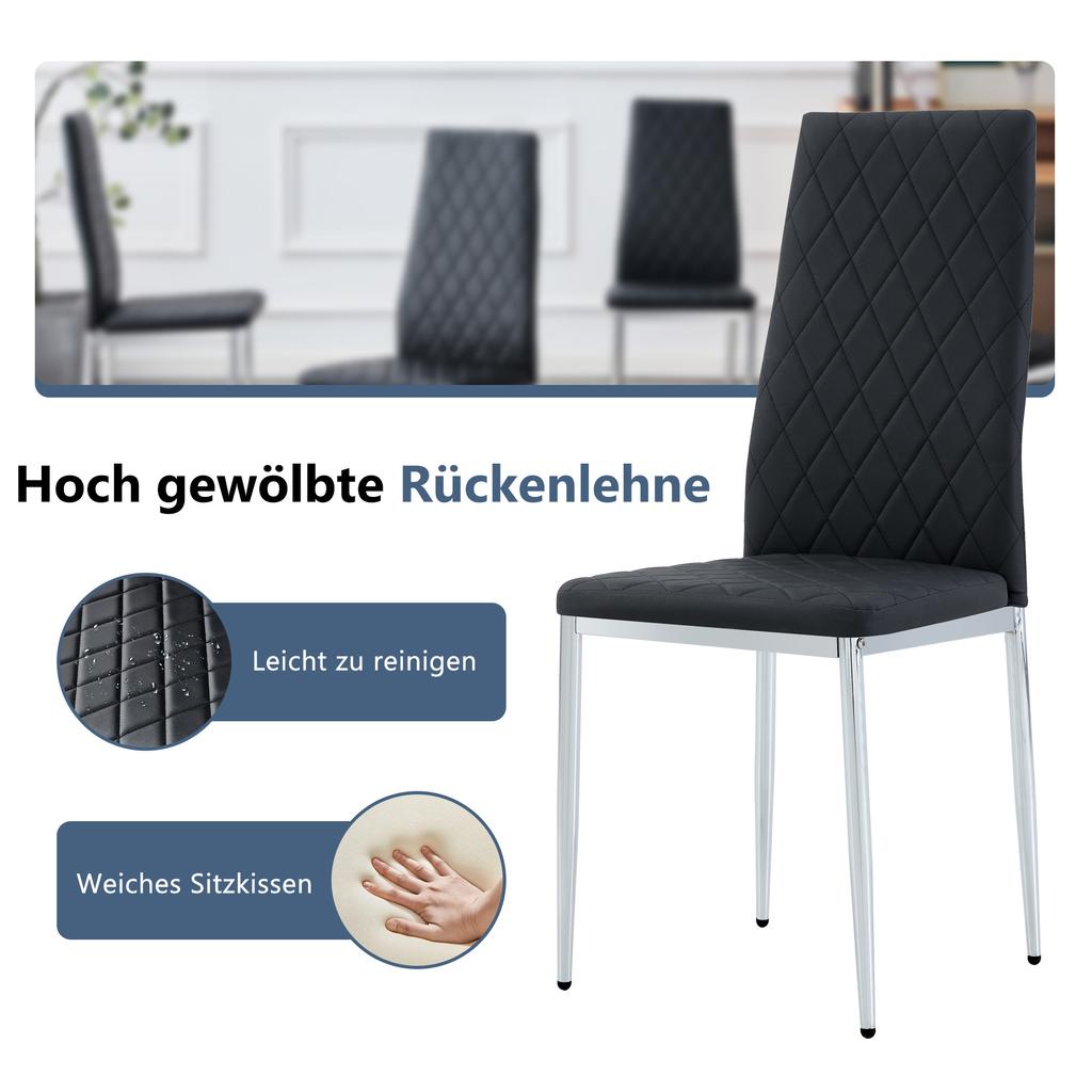 Set di 4 sedie da pranzo, nere, ecopelle PU con motivo a rombi, gambe in metallo, sedia moderna per cucina, soggiorno, caffè e ufficio domestico