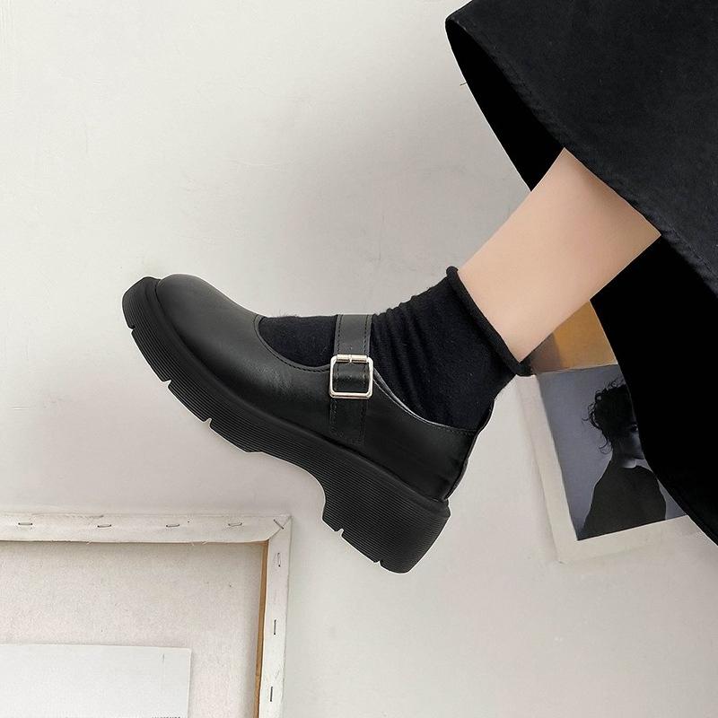 High-heeled Women's New Round-toe Thick-stiletto Versatile Retro Leather Shoes