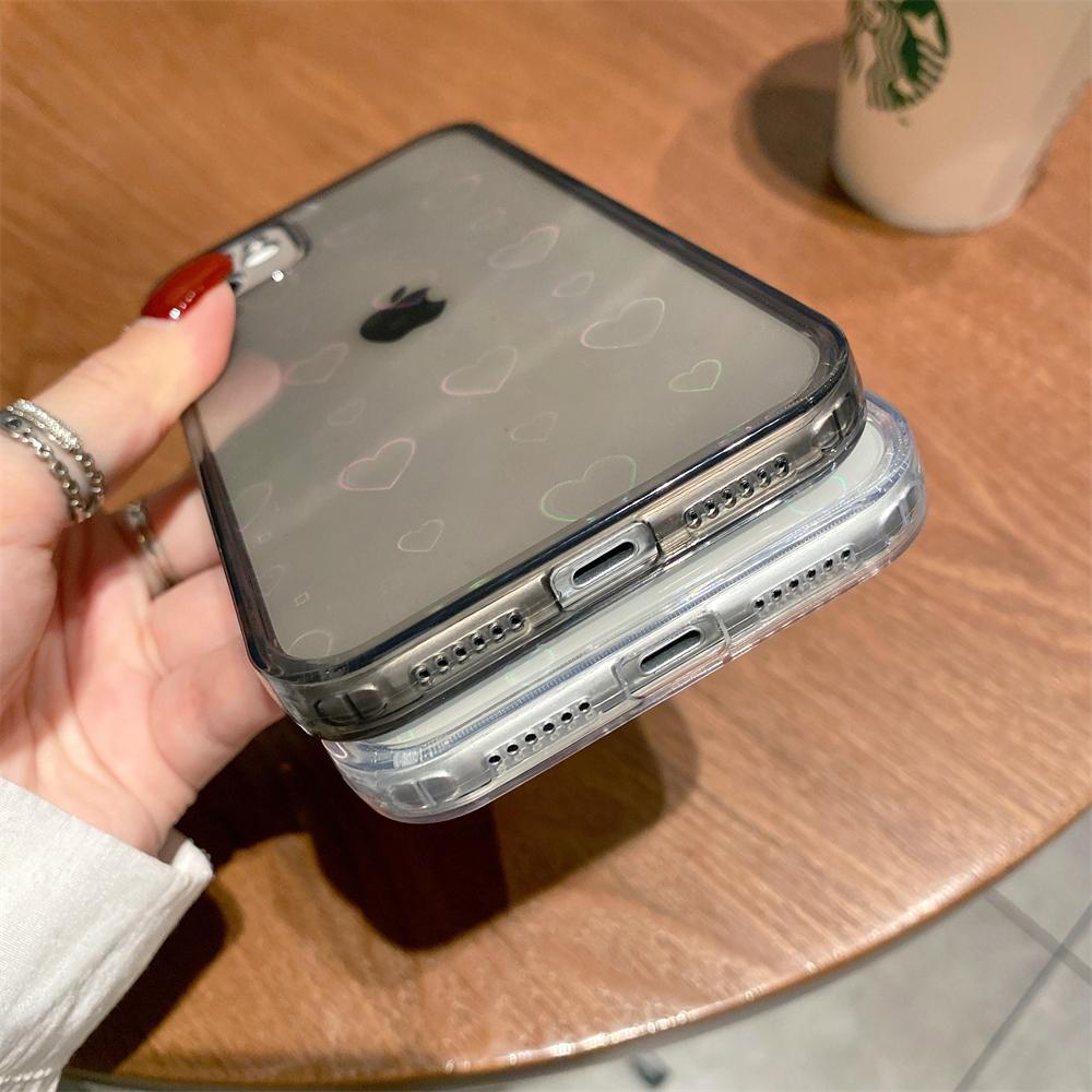 Fashion Gradient Laser Love Heart Leaf Pattern Case For iPhone 15 14 13 11 12 Pro Max X XS XR 7 8 Plus Clear Cover With Hearts