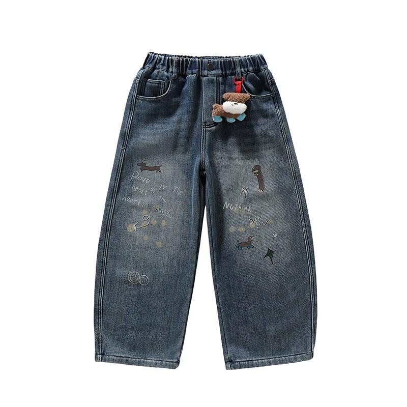 Winter Fleece Jeans Girls Kids Cartoon Denim Pants Warm Casual Trousers