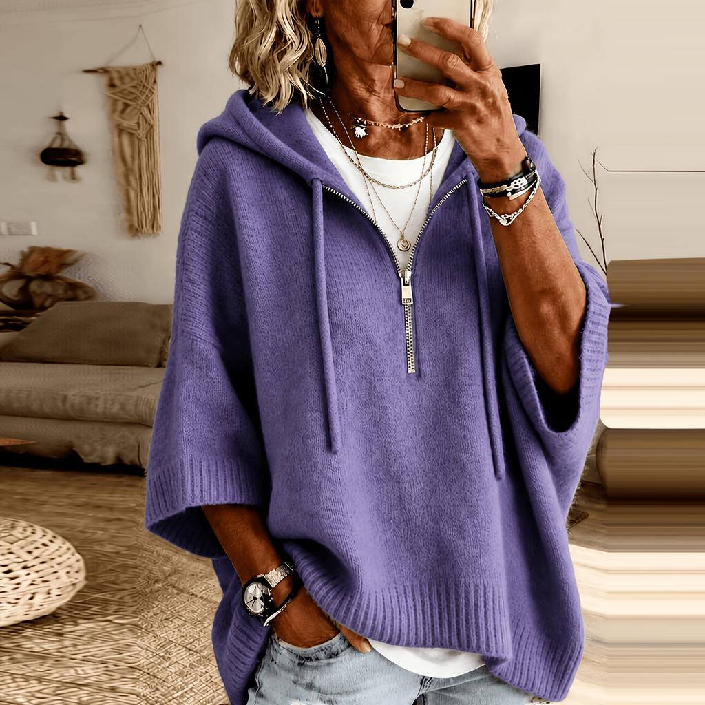 Women's Color Knit Hoodie with Drawstring Hood Pullover