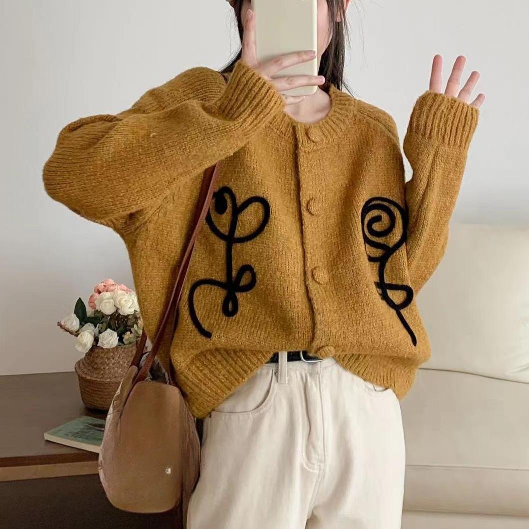 

Осень Зима однобортный вязаный свитер короткий кардиган куртка свободный круглый вырез корейская мода свитера с цветами молодежный женский One Size