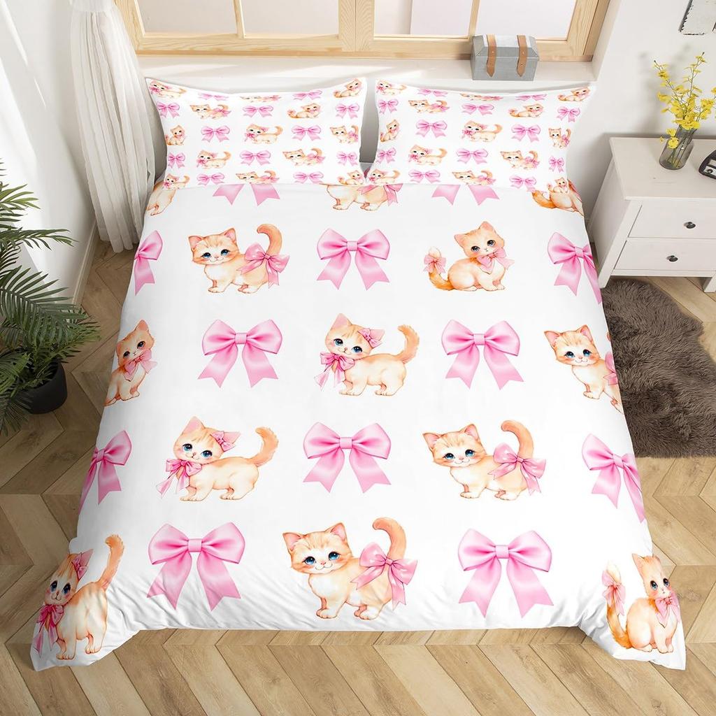 Princess Bowknot Duvet Cover Red Strawberry Polka Dots Bedding Set Hand Drawn Cartoon Comforter Cover Dreamy Fairy Quilt Cover