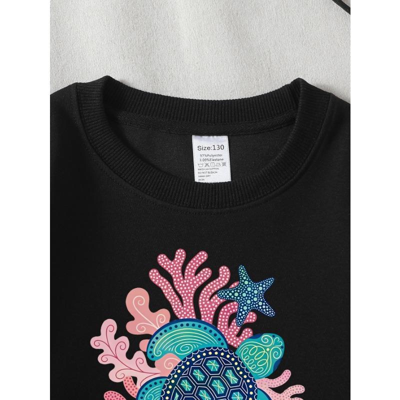 European Sizes Girls' Long-Sleeve Round Neck Sweatshirt "Sea Turtle Coral" Print, Spring/Autumn, Casual, Daily & Sports.
