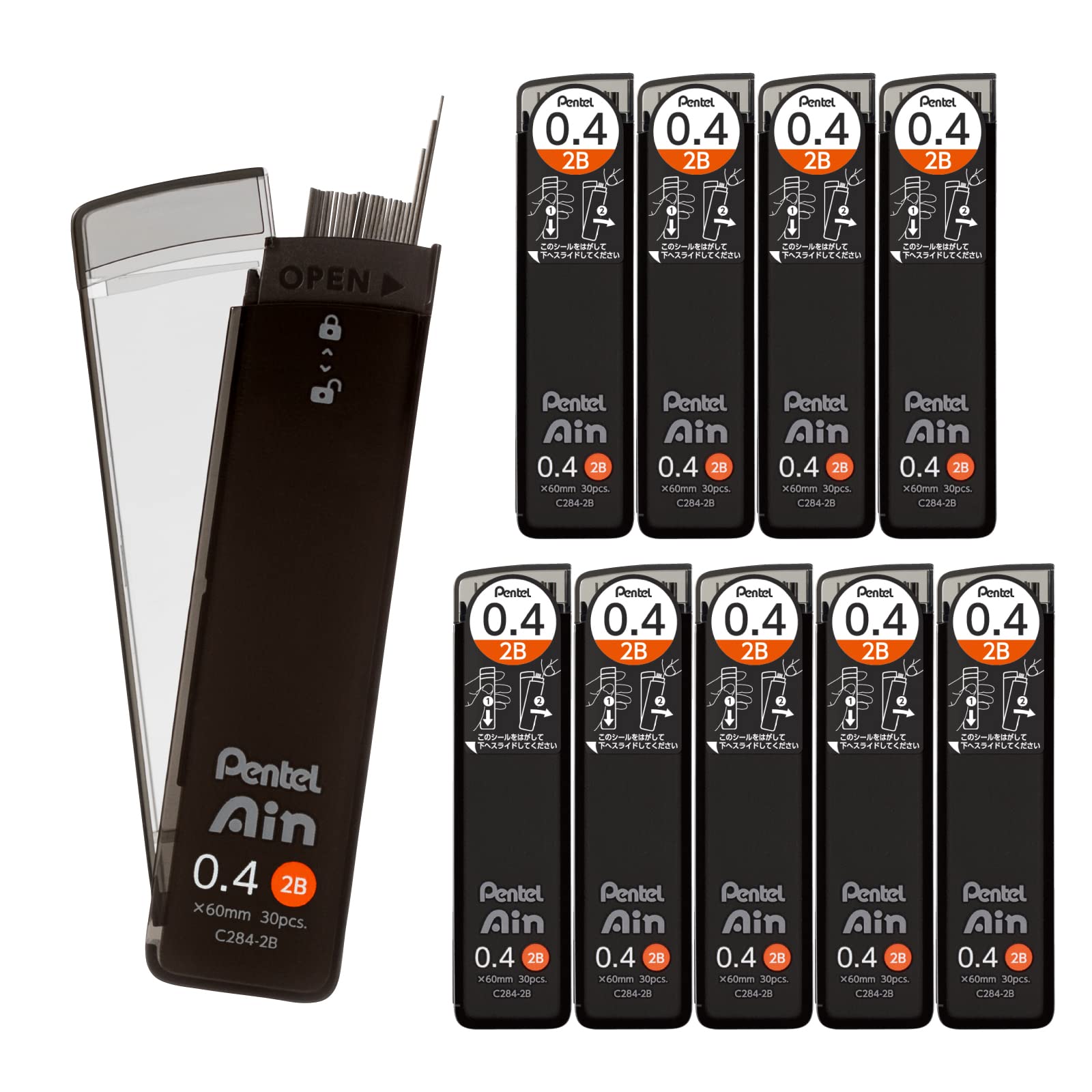 

Pentel Ein Mechanical Leads, 0.4mm, 2B, 10-Pack, C284-2B чёрный